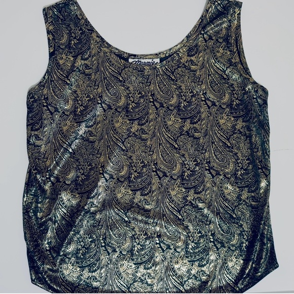 Marnie West Vintage 90’s Lamé Gold & Black Paisley Print Women’s Medium Top - Picture 3 of 11